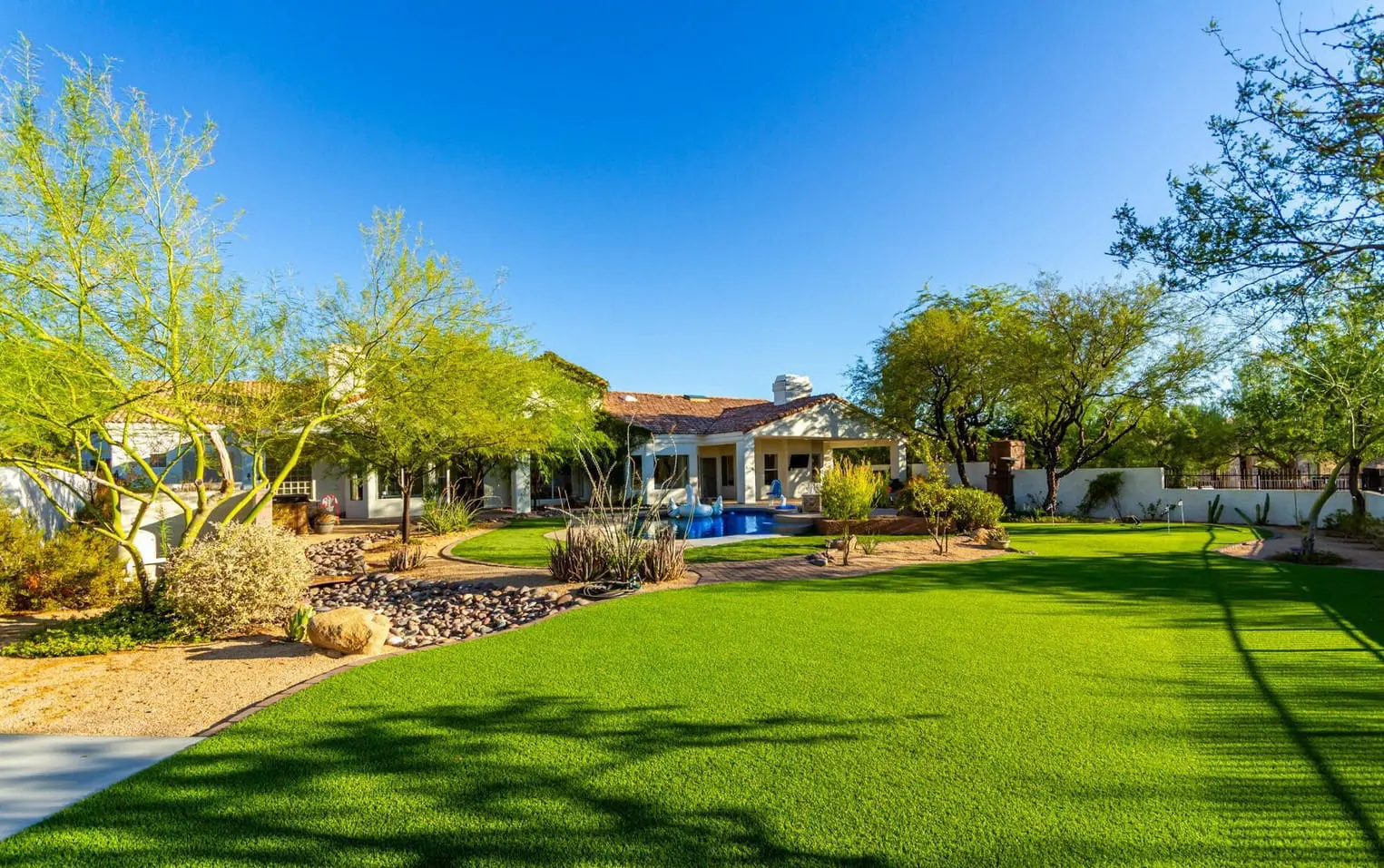 A spacious backyard with synthetic turf installations complements the lush lawn, desert landscaping, and trees. A modern house with a tile roof stands in the background, featuring a covered patio and a blue swimming pool under the clear blue sky.