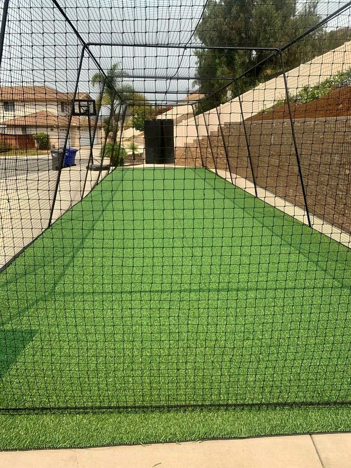 A backyard setup features a rectangular synthetic turf installation enclosed by a black net, resembling a sports practice cage. Houses and trees are visible in the background, reminiscent of professional sports fields.